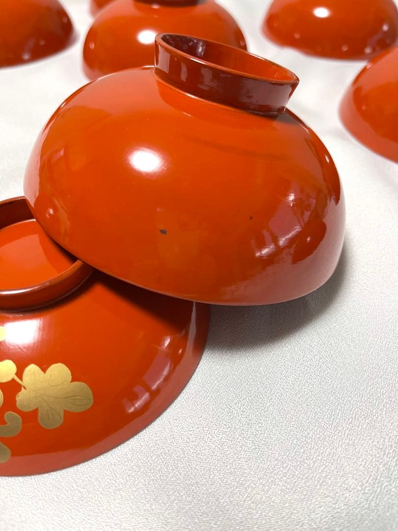 洗朱蒔絵蓋付き吸い物椀　9客　堅地家具師　文吉作　昭和初期　木製　手作り