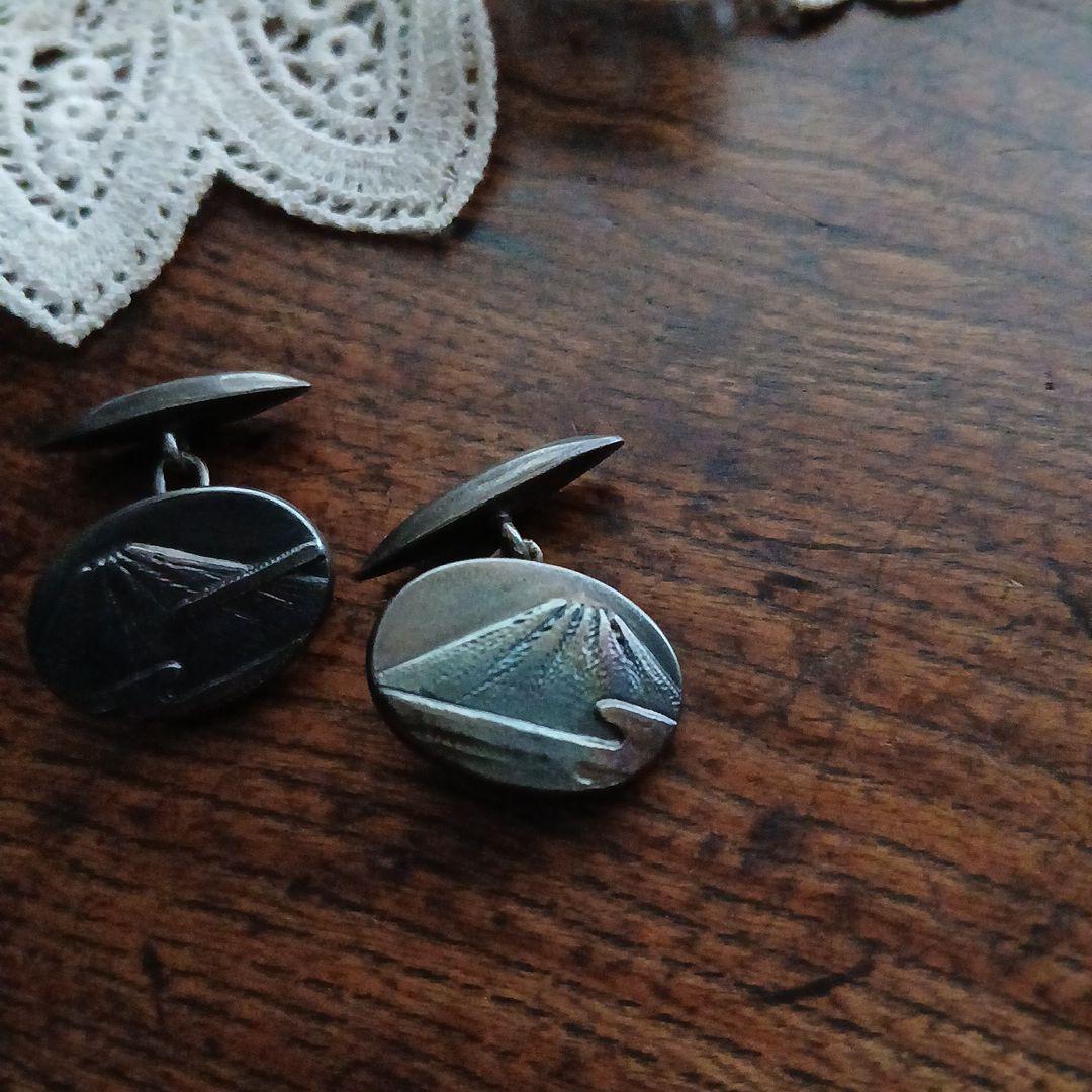 金工 銀製 富士山 カフリンクス 在銘 レトロ 骨董 山 シルバーカフス