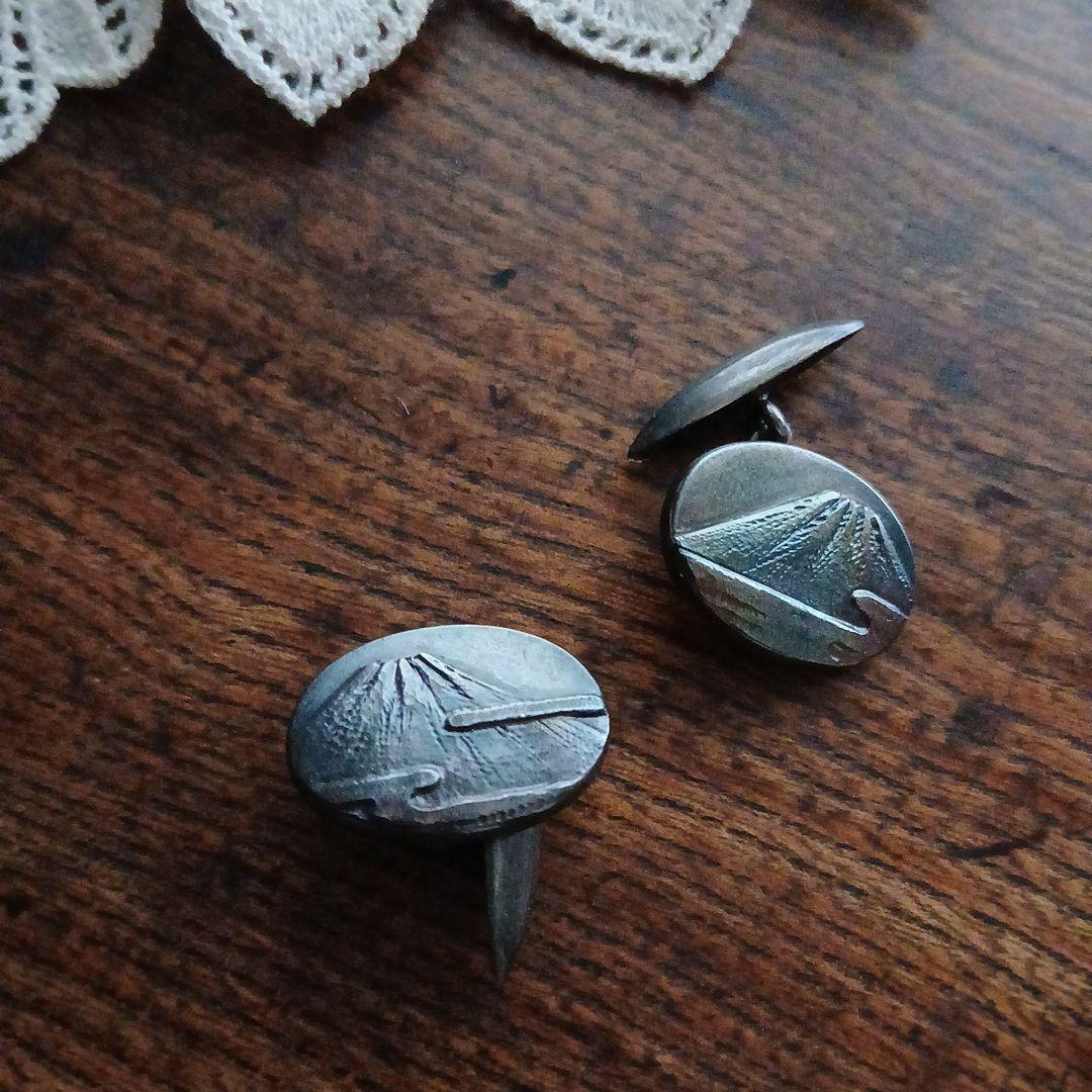 金工 銀製 富士山 カフリンクス 在銘 レトロ 骨董 山 シルバーカフス