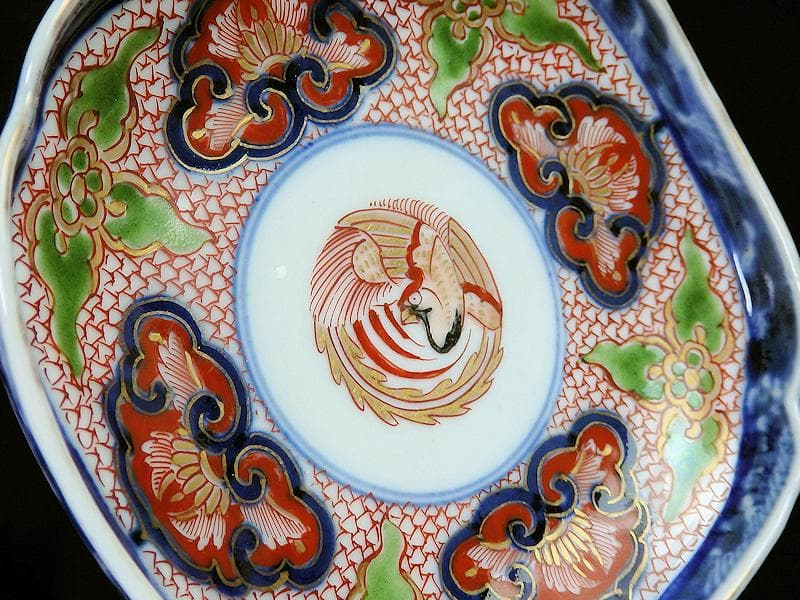 大聖寺伊万里　金襴手鳳凰に毘沙門亀甲紋の図　四方角皿　５枚B249AS-fbbg