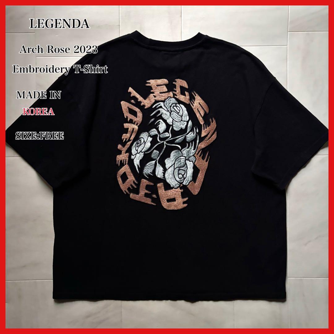 【韓国製】 レジェンダ アーチローズ刺繍Tシャツ 薔薇 ブラック フリーサイズ