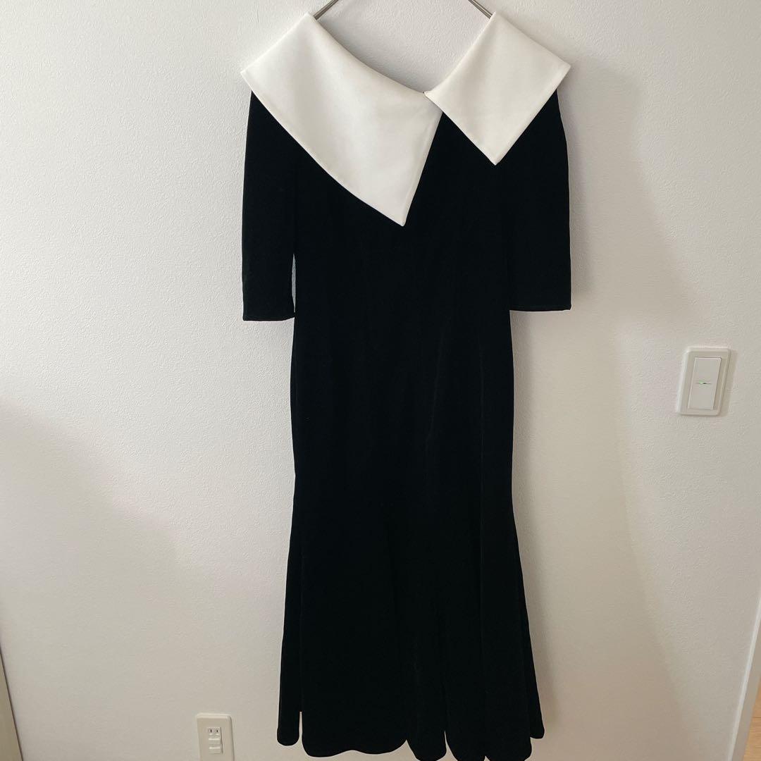 Leja 配色アシンメトリービッグカラーベロアマーメイドシルエットドレス　結婚式