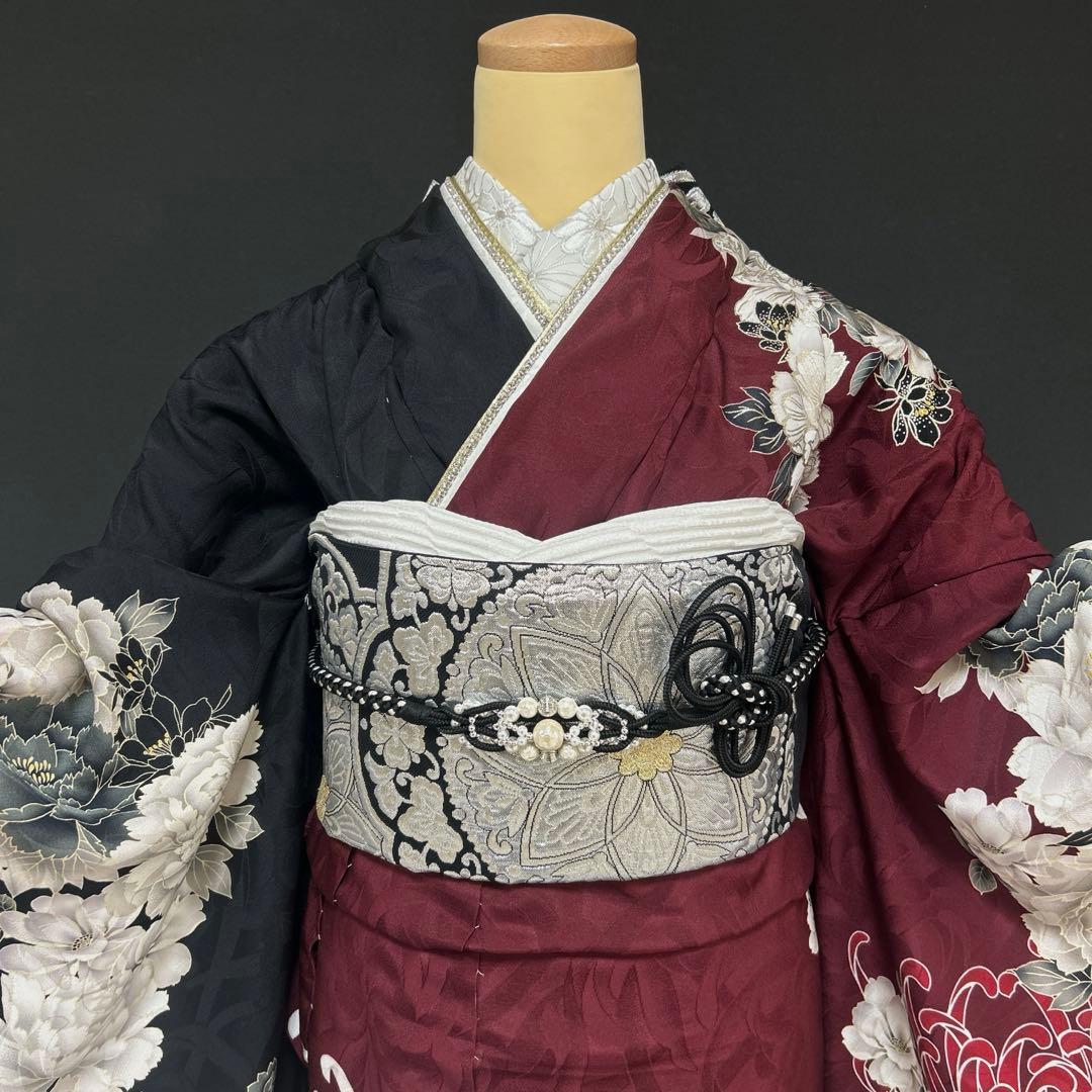 エンジと黒の染め分け牡丹と菊の振袖フルセット