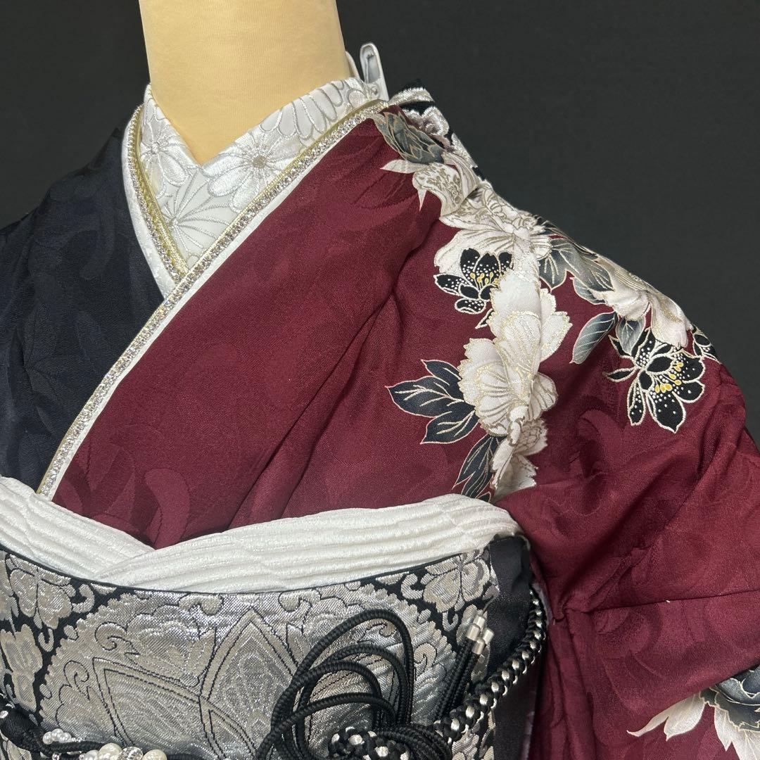 エンジと黒の染め分け牡丹と菊の振袖フルセット