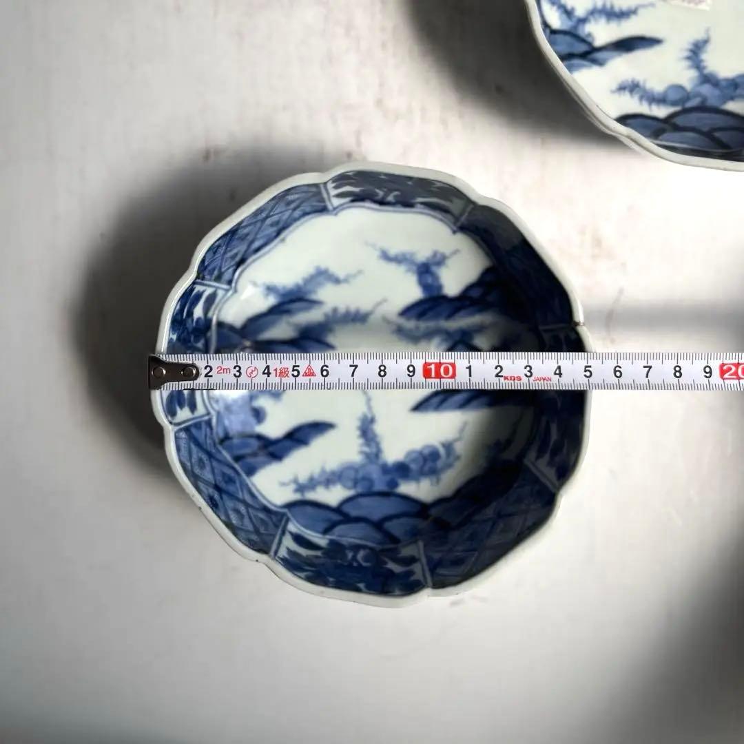 424 骨董 アンティーク 古伊万里 成化年製 染付 5寸輪花皿 2点組 幕末