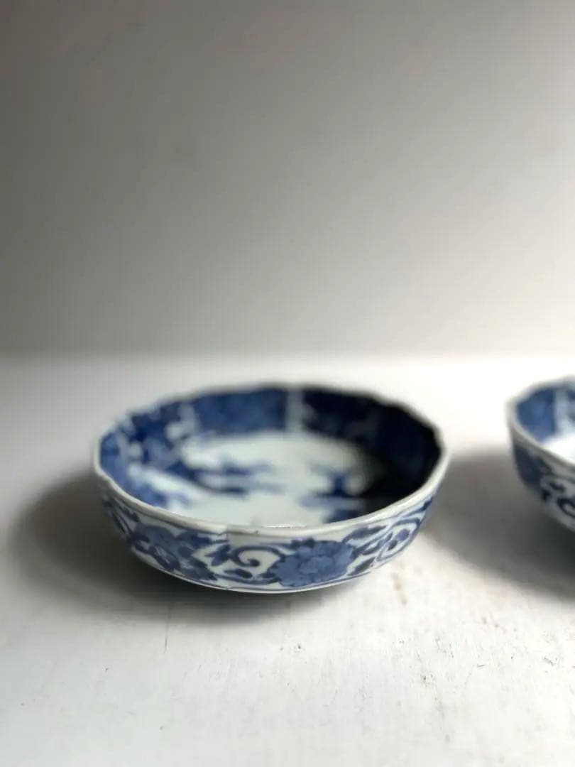 424 骨董 アンティーク 古伊万里 成化年製 染付 5寸輪花皿 2点組 幕末