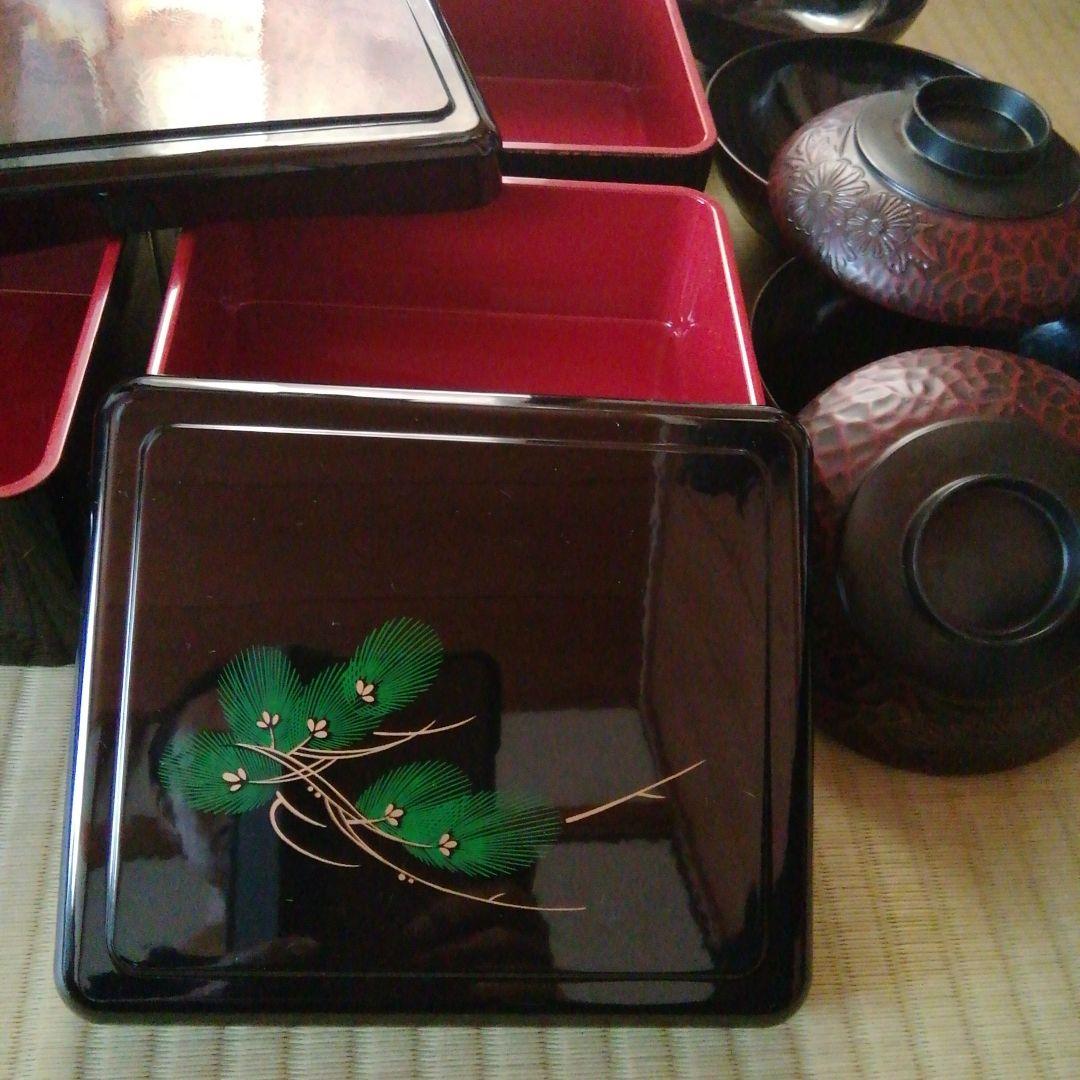 うな重箱　お吸い物碗　セット　山中漆器　土用丑の日　鎌倉彫　松　もみじ