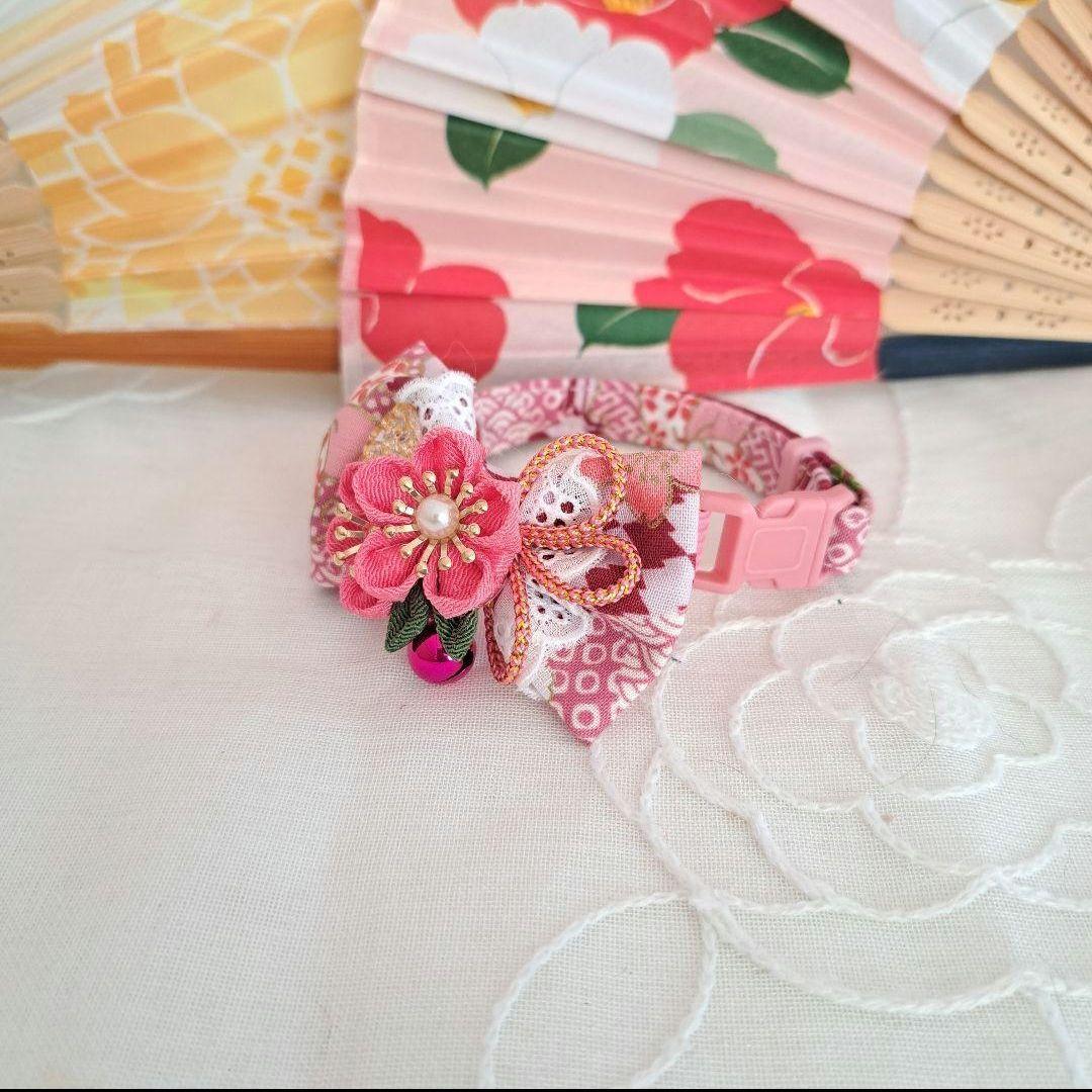 メルモママ、和風つまみ細工(薄水色)わんちゃん猫ちゃん用襟付き首輪