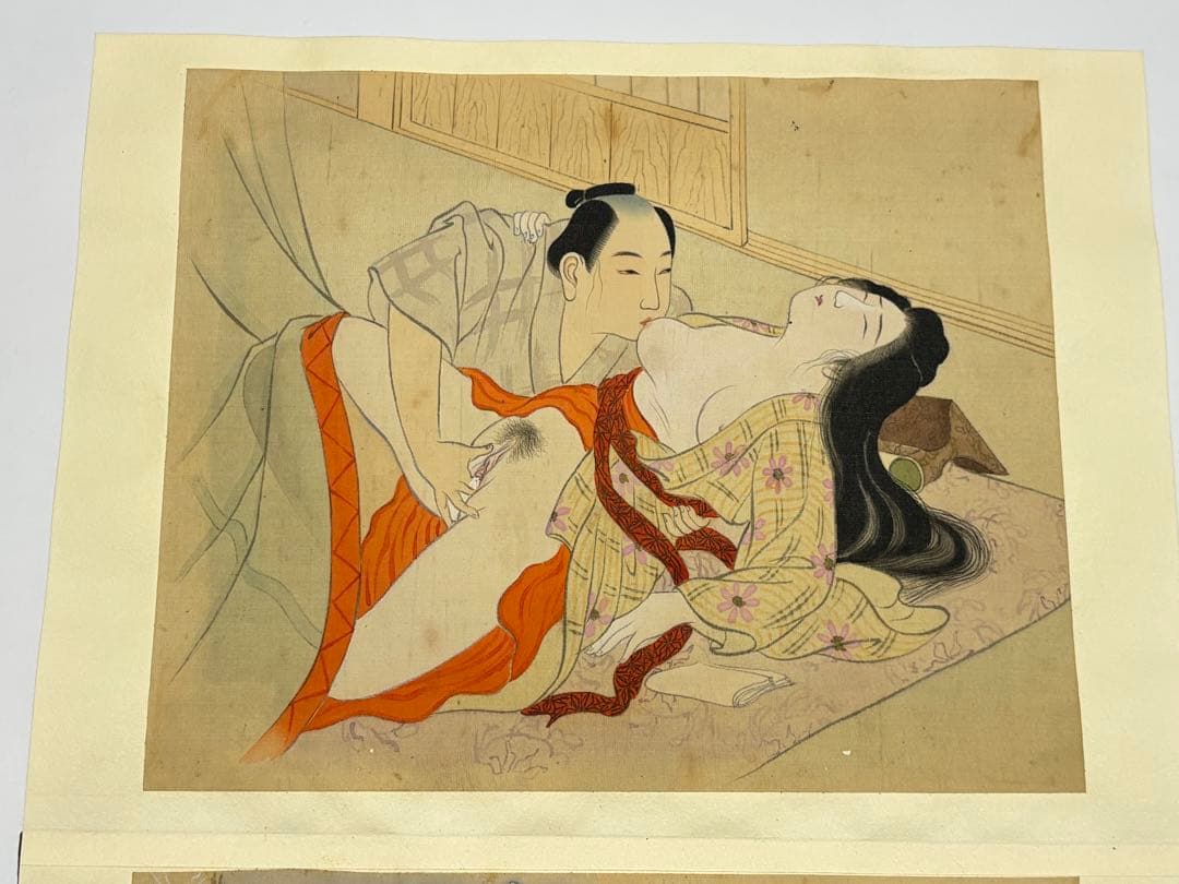 「彩色絹本 春画帖」艶本 明治？大正？頃筆 1帖|和本 わじるし 枕絵
