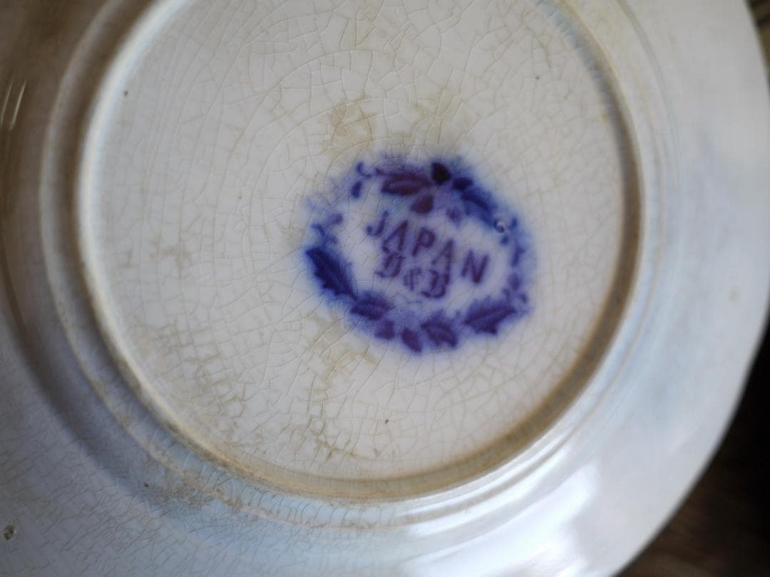 印判中皿2枚　FLOWBLUE　赤絵金彩　花唐草文様　ベロ藍伊万里　銅版転写染付