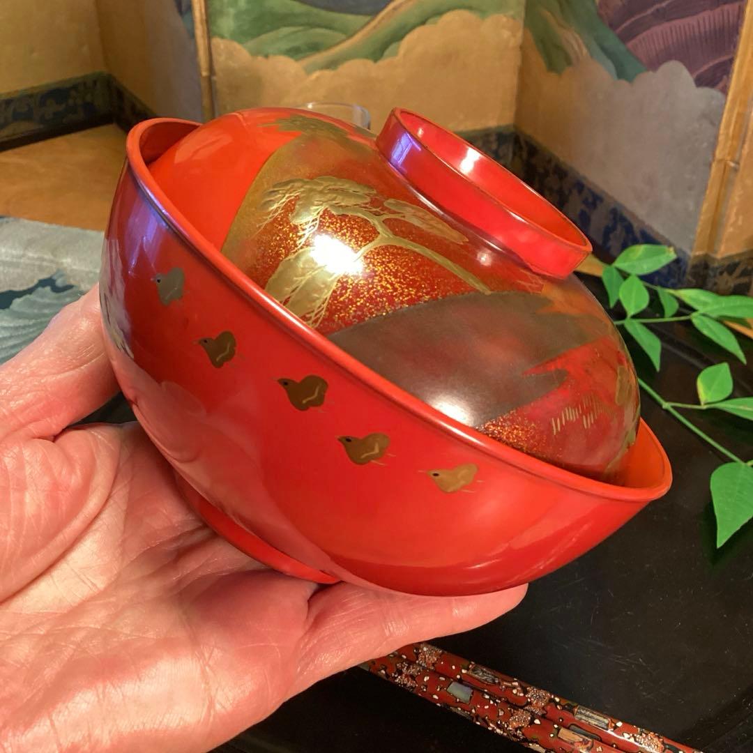 A902木製輪島塗　懐石道具　赤　古典風景蒔絵　　『塗師銘仁左衛門』　５客