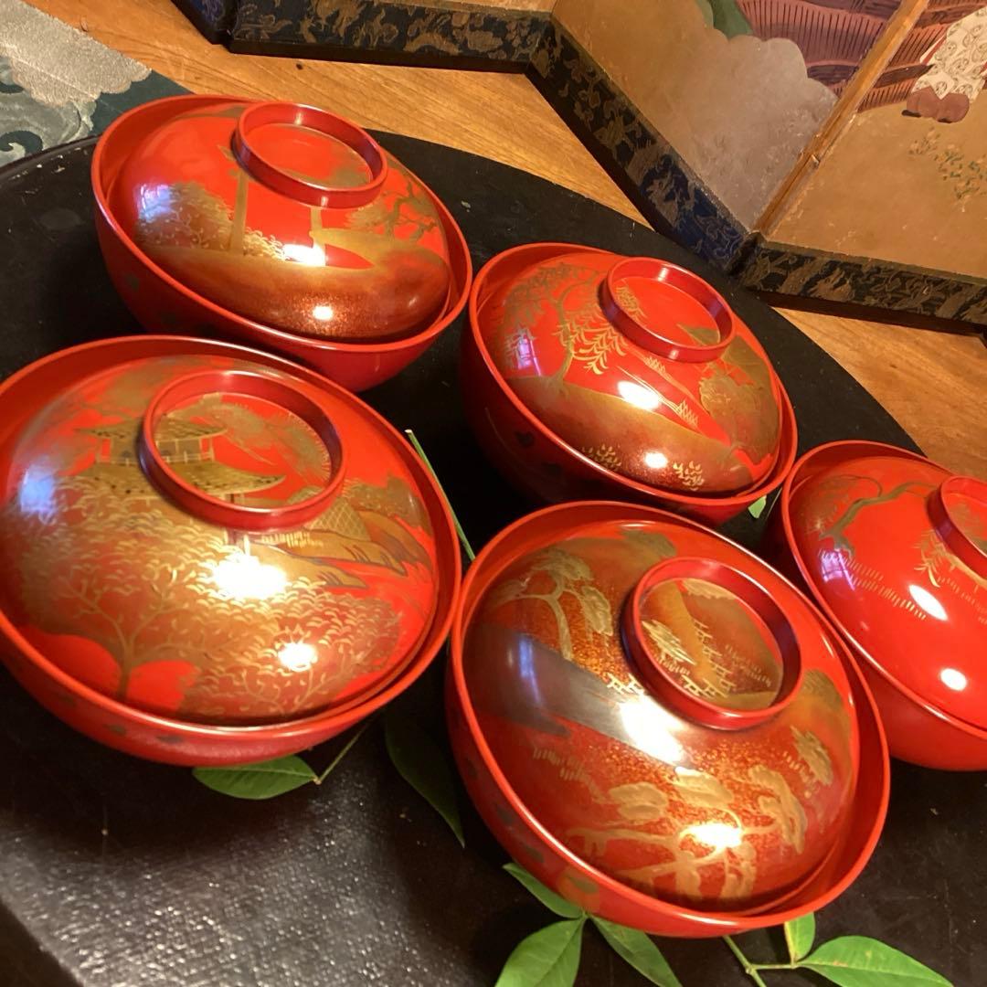 A902木製輪島塗　懐石道具　赤　古典風景蒔絵　　『塗師銘仁左衛門』　５客