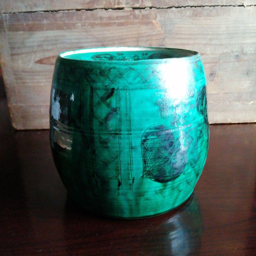 瀬戸焼　加藤偉三　土耳古青釉山帰末文水指　20cm