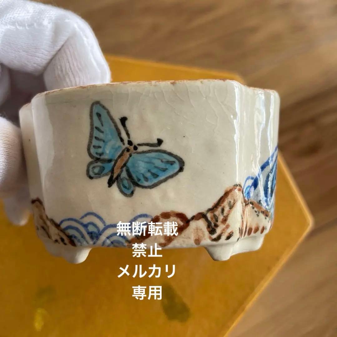 ミニ盆栽鉢　桑津香石　絵鉢　小品盆栽　蝶　波