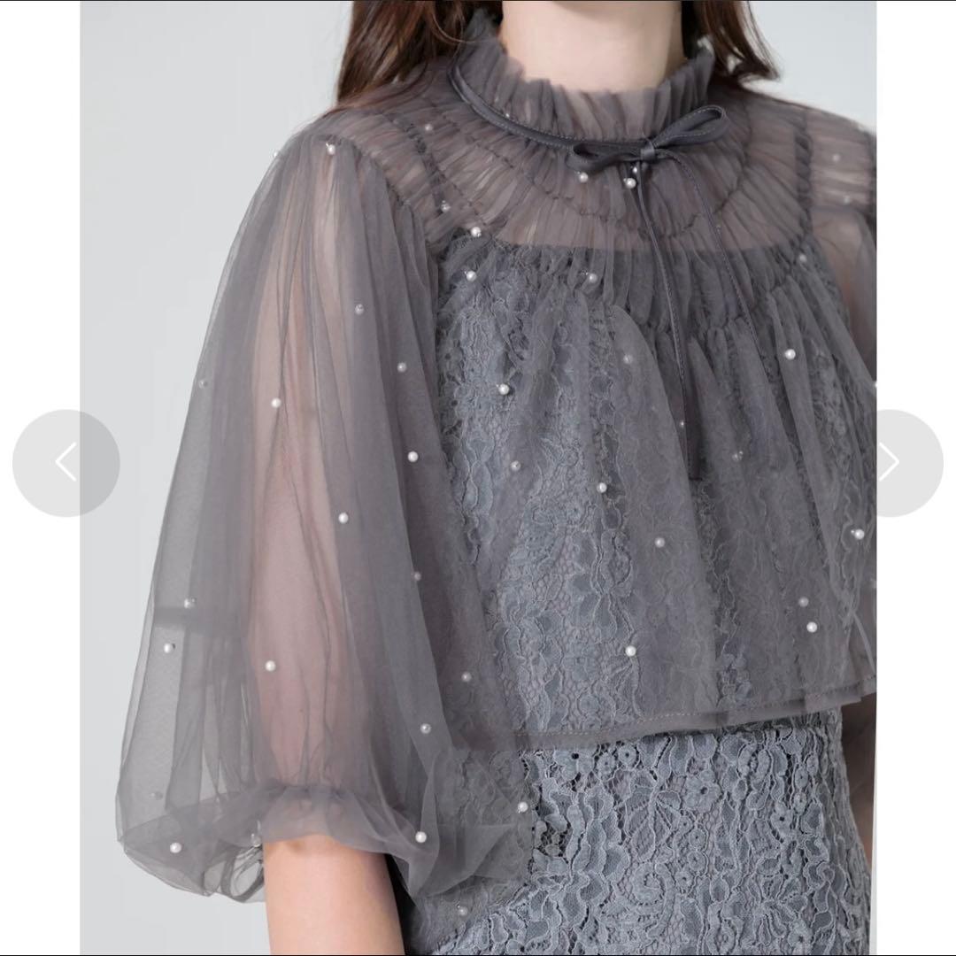 【LEJA】パール付きケープ風リボンパフスリーブボレロ刺繍レースキャミワンピ