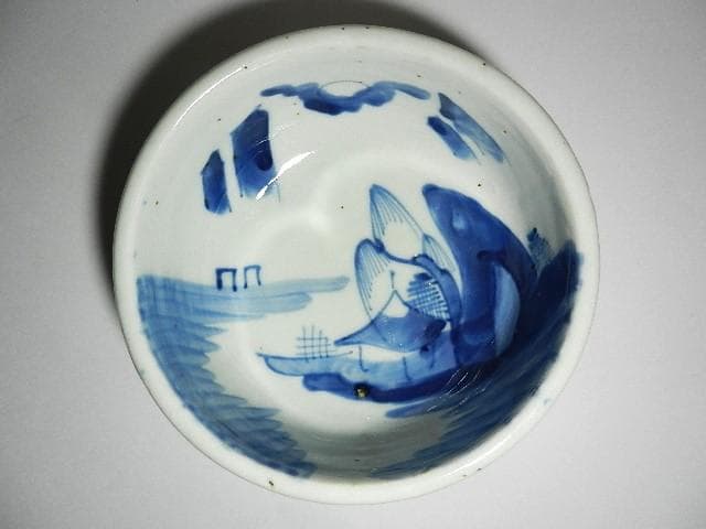 古伊万里染付「柳に帆掛舟図、渦巻蝙蝠文」小鉢３客（平均　Ｄ１６ｃｍ、Ｗ６００ｇ）