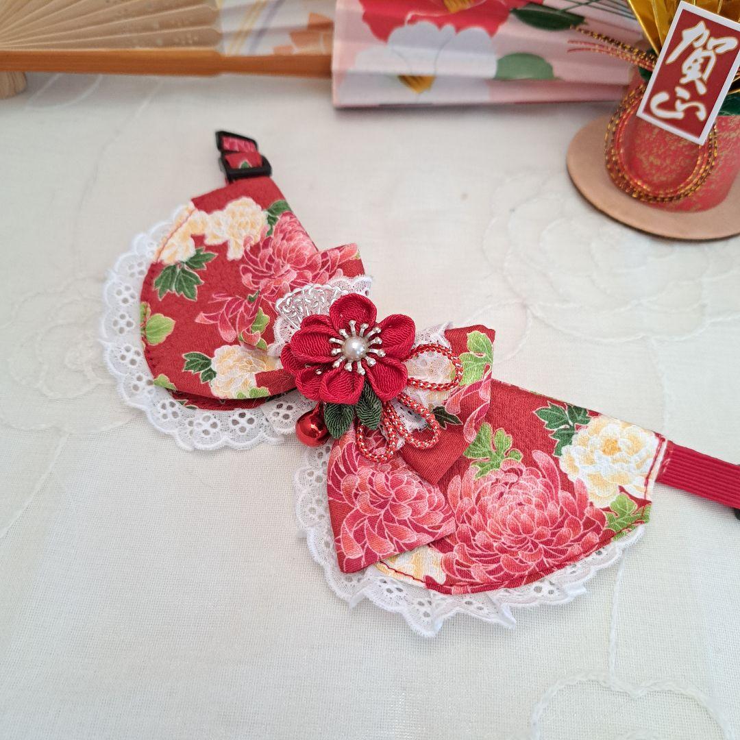 お正月仕様和風つまみ細工(赤①)わんちゃん猫ちゃん用襟つき首輪