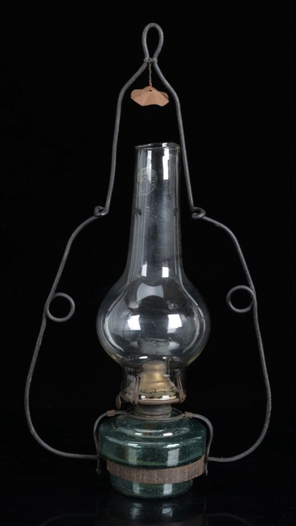 吊りオイルランプ 明治～大正期 水色縁乳白ガラス傘 大正ガラス 古美術 骨董品