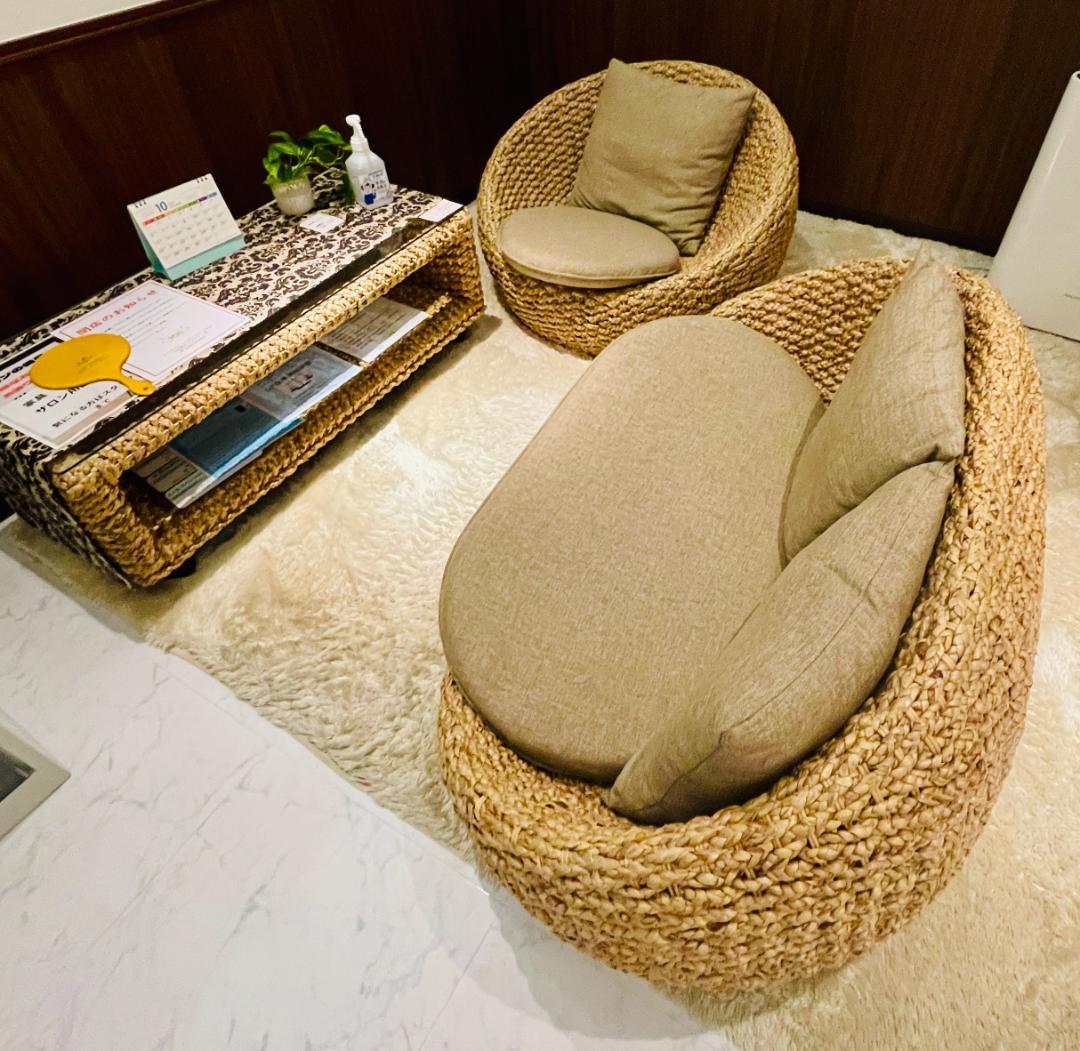 ラタン風ソファセット ベージュクッション付き　引取り限定