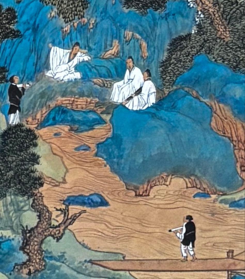 掛け軸　桃園仙境図 謝陽画　アート　中国　水墨画　青緑山水画　箱有　アンティーク