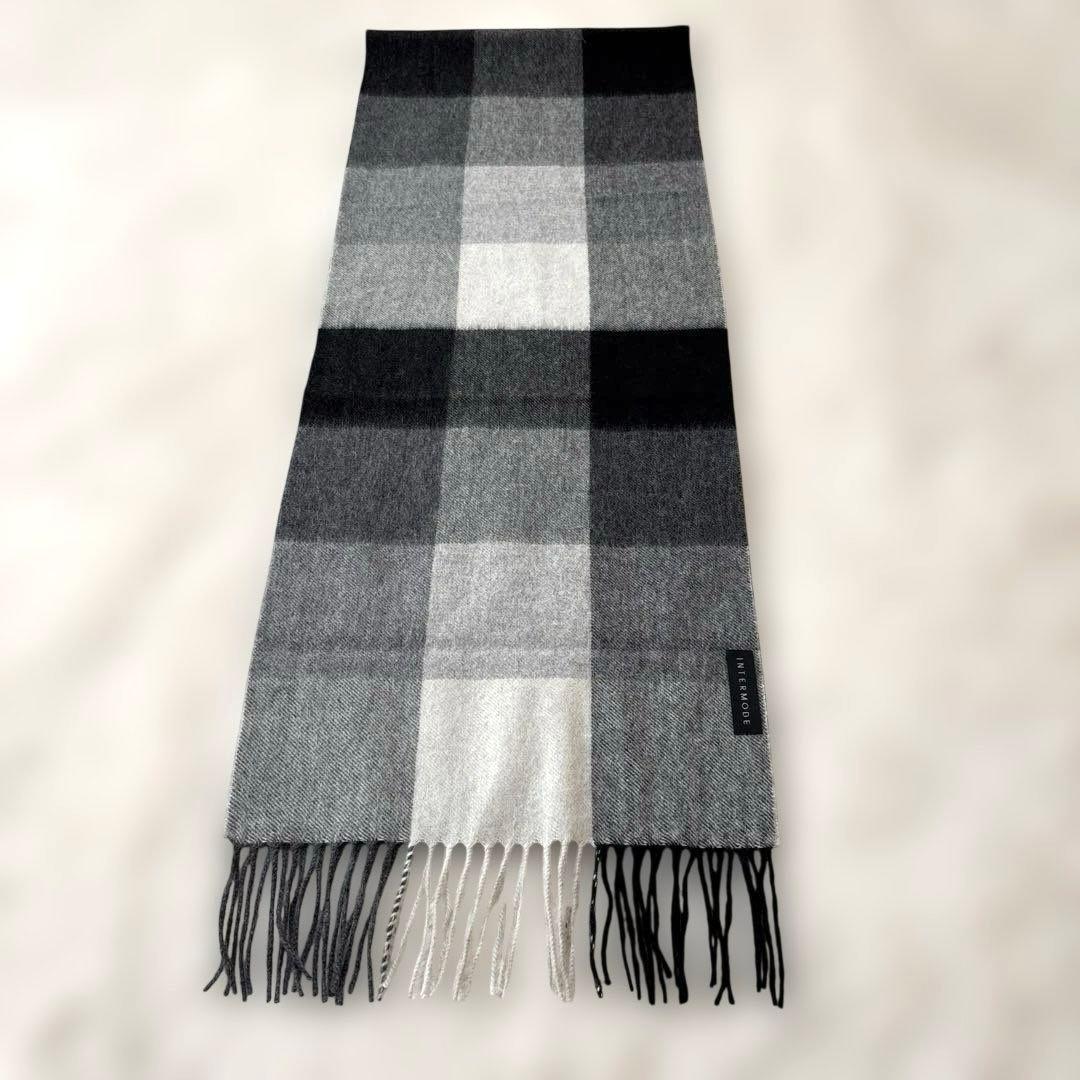 美品INTERMODE カシミアブロックチェック　ストール　グレーブラック