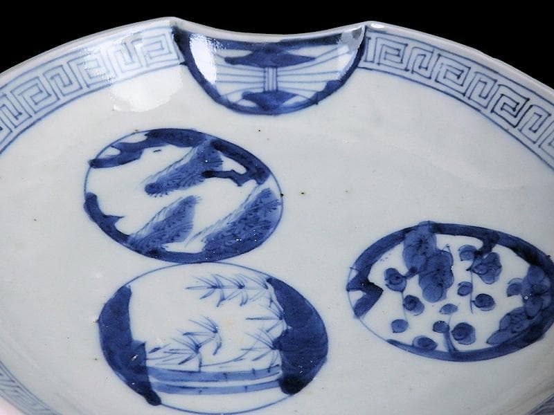 古伊万里　染付 丸紋に松竹梅の図　分銅型６寸皿　５枚　E674AS-CQl