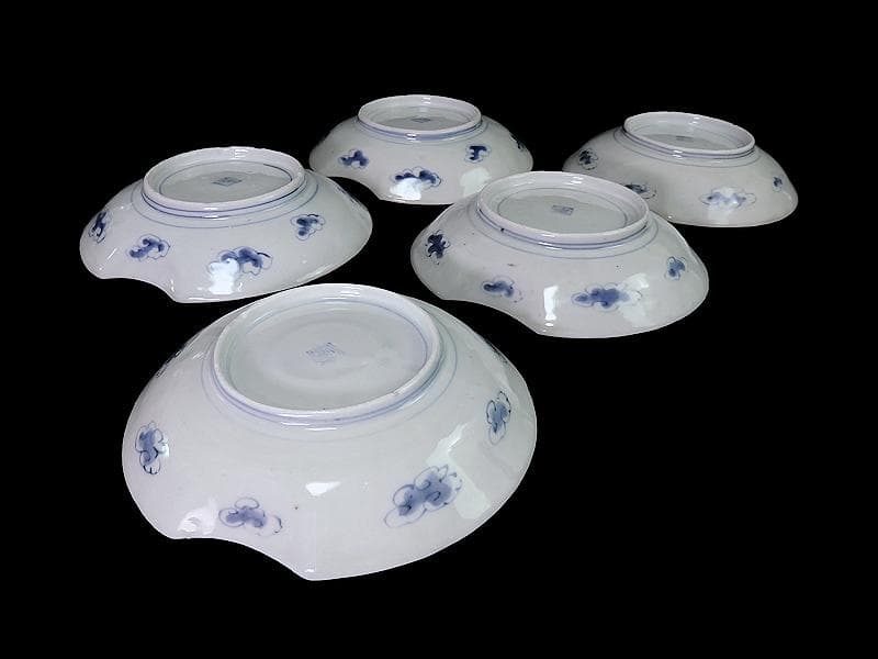 古伊万里　染付 丸紋に松竹梅の図　分銅型６寸皿　５枚　E674AS-CQl