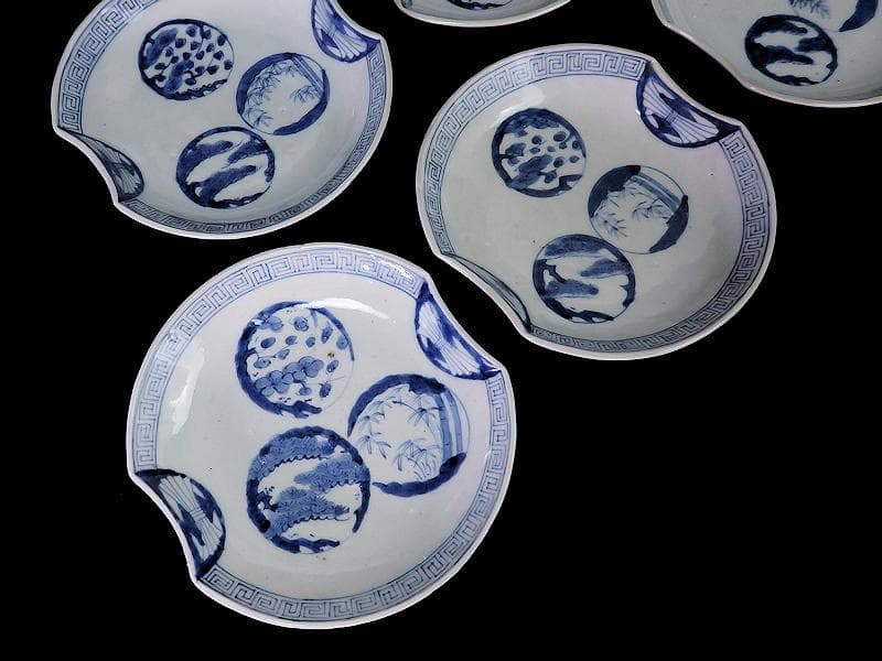 古伊万里　染付 丸紋に松竹梅の図　分銅型６寸皿　５枚　E674AS-CQl