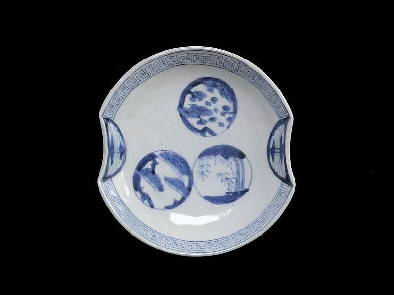 古伊万里　染付 丸紋に松竹梅の図　分銅型６寸皿　５枚　E674AS-CQl