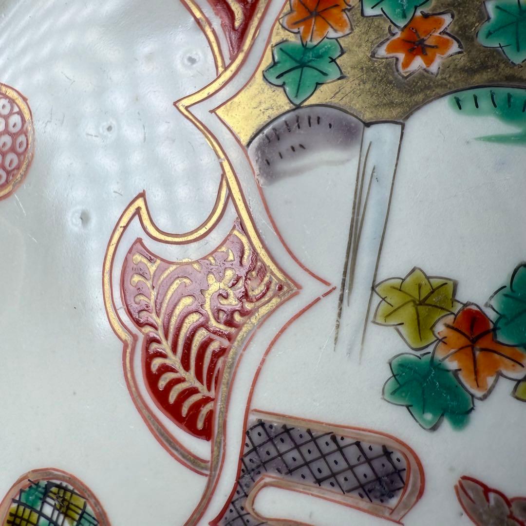 古伊万里　赤絵紅葉鹿文様五寸皿　5枚　金蘭手　丸文　裏鶴唐草文　直径15.4cm