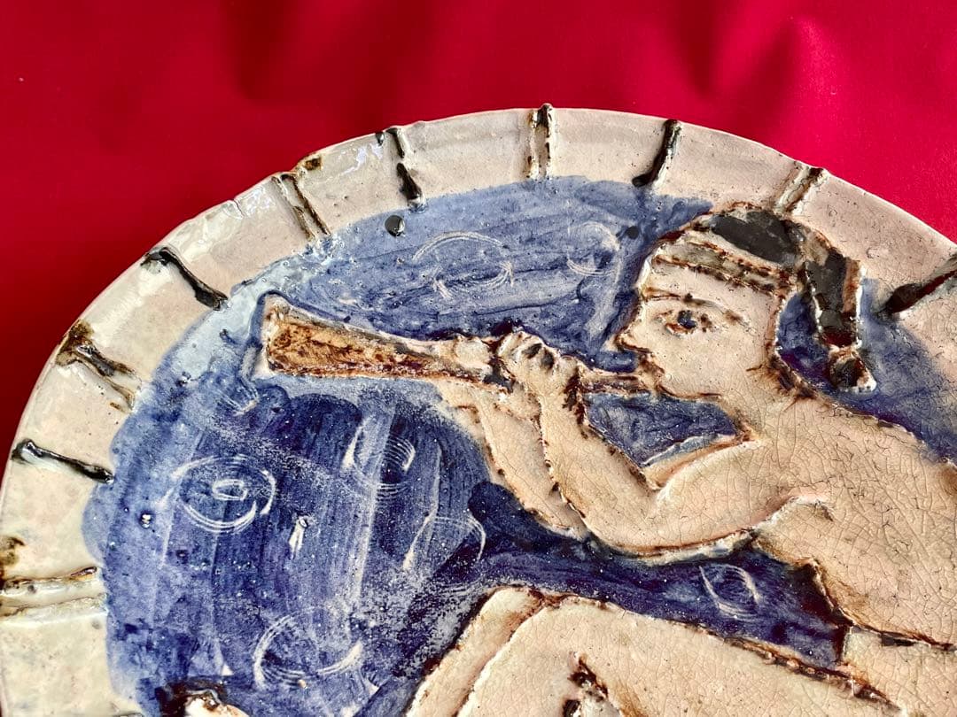 川喜田半泥子 大皿 二代半泥子(川喜田敦)甲書大皿 喇叭を吹く童子 伊藤庸庵識筥