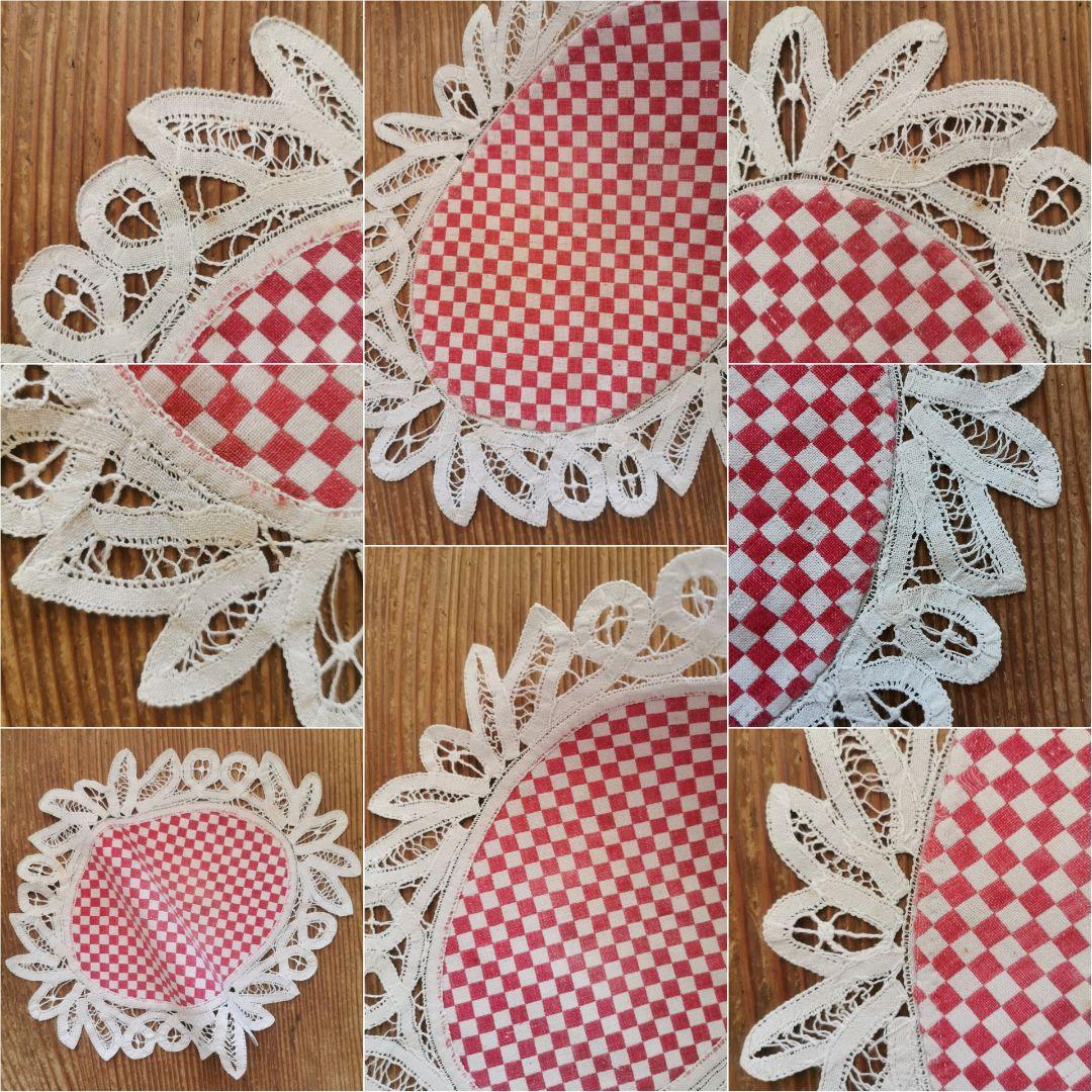 アンティークフランス レッド＆アイボリー 市松模様織 バテンバーグレースドイリー