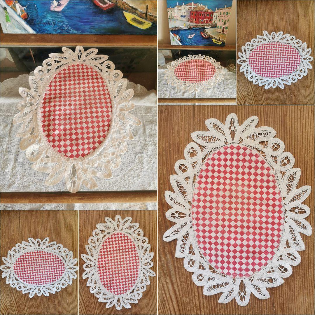 アンティークフランス レッド＆アイボリー 市松模様織 バテンバーグレースドイリー