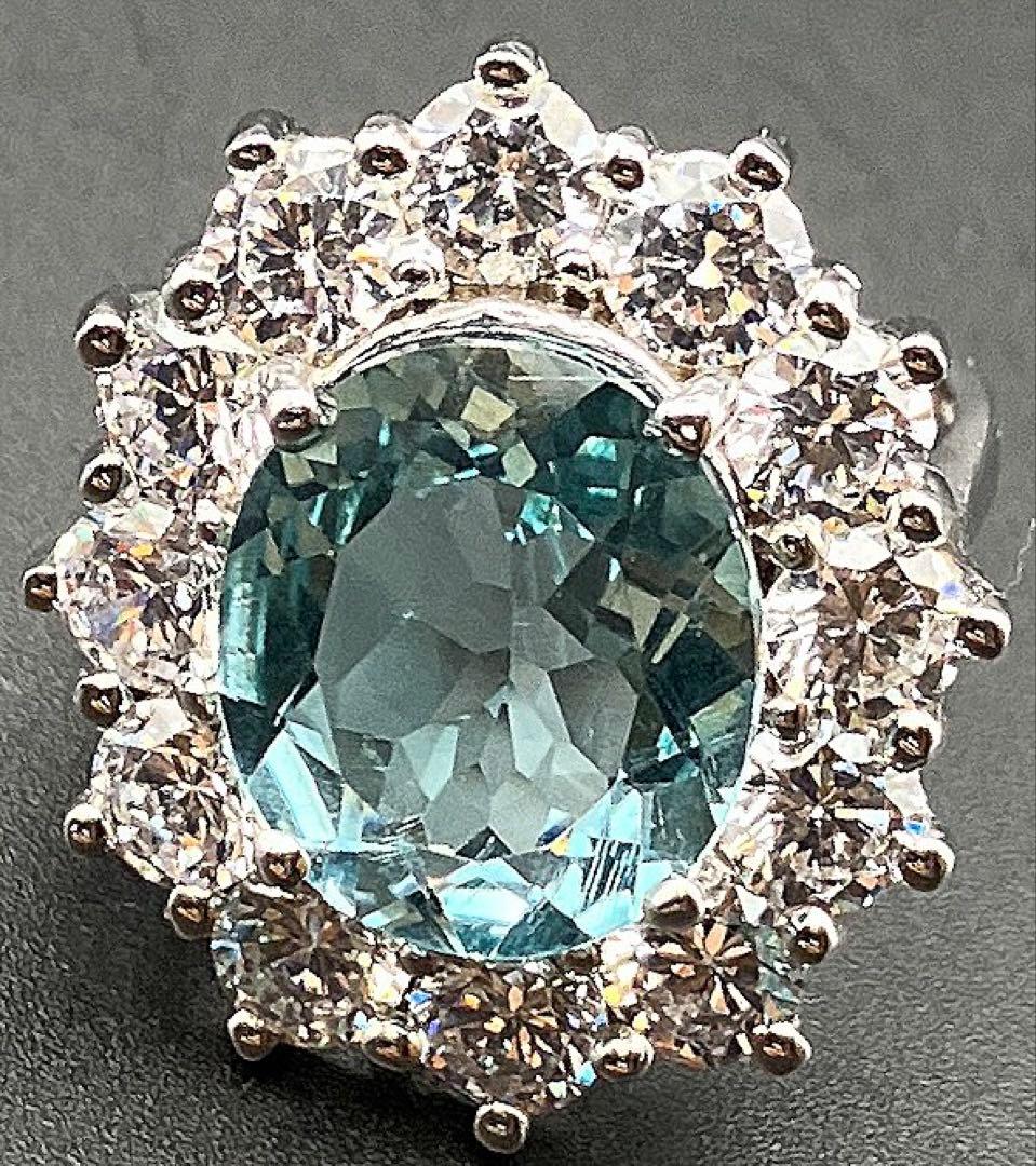 マーフィーブラジル産 天然アクアマ8.1CTホワイトサファイア925指輪