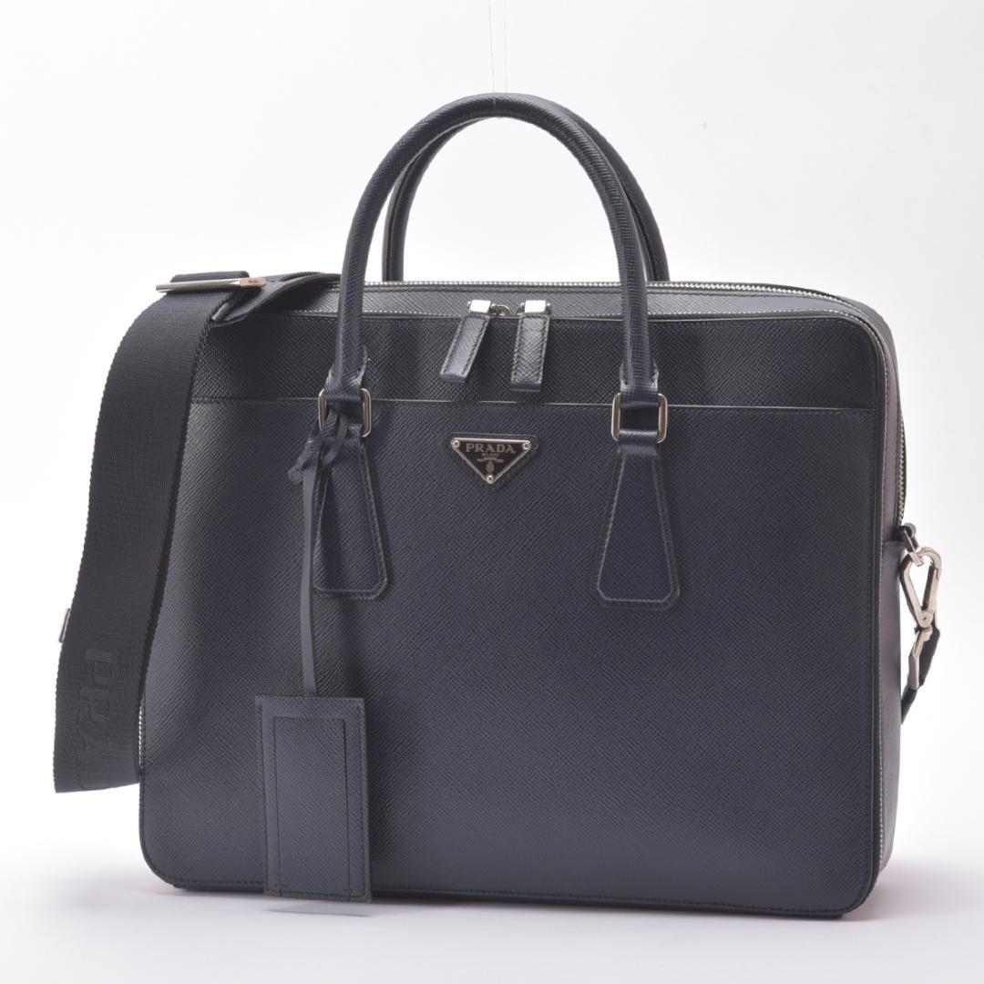 美品◇プラダ サフィアーノレザー 2WAY ブリーフケース ネイビー ショルダー