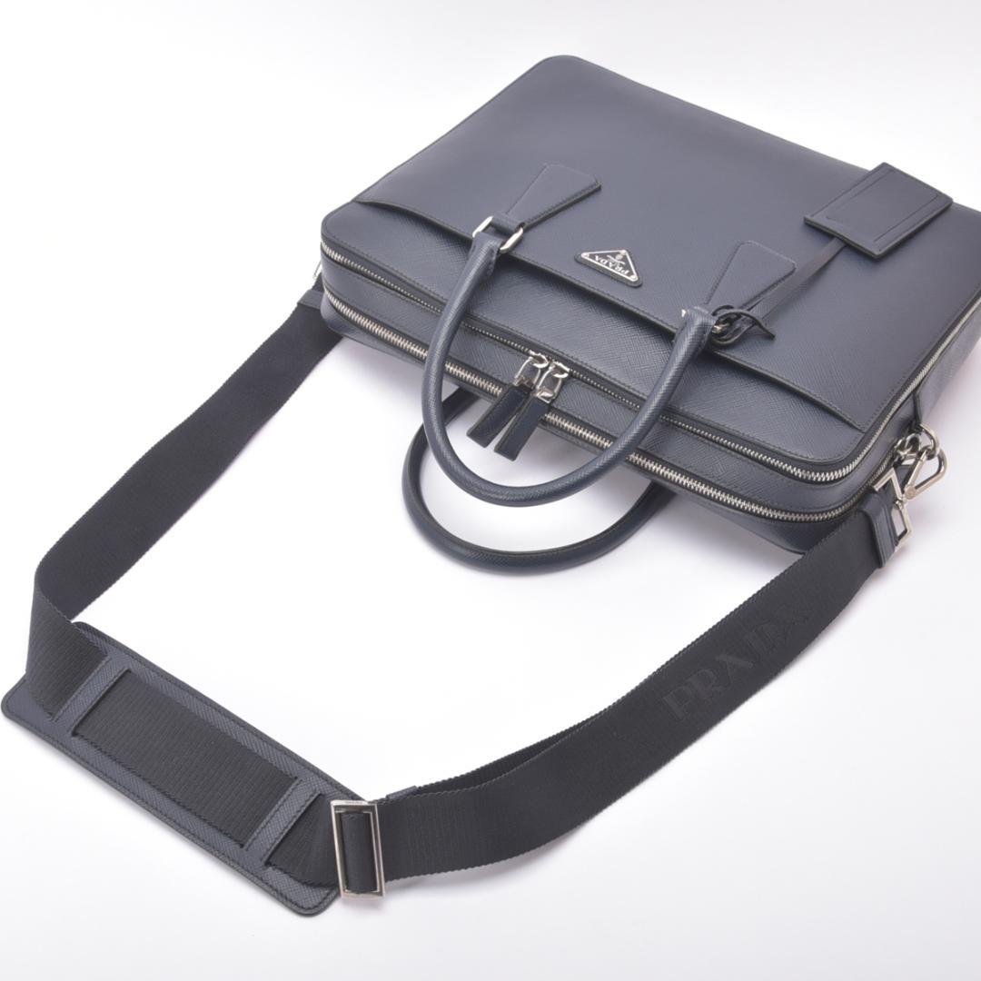 美品◇プラダ サフィアーノレザー 2WAY ブリーフケース ネイビー ショルダー