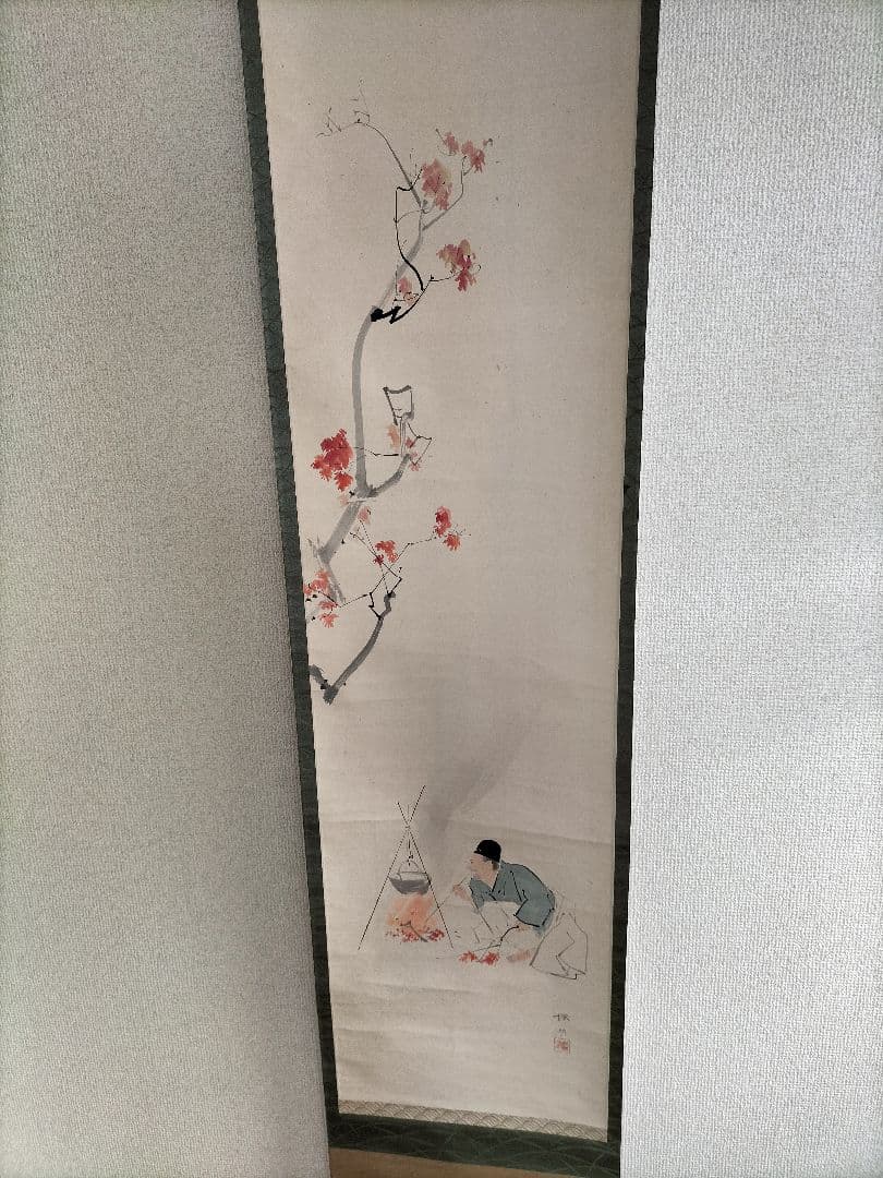 掛け軸　絹本　松本楓湖作「楓ト人物」明治大正期　真筆　日本画家　尊皇家　骨董