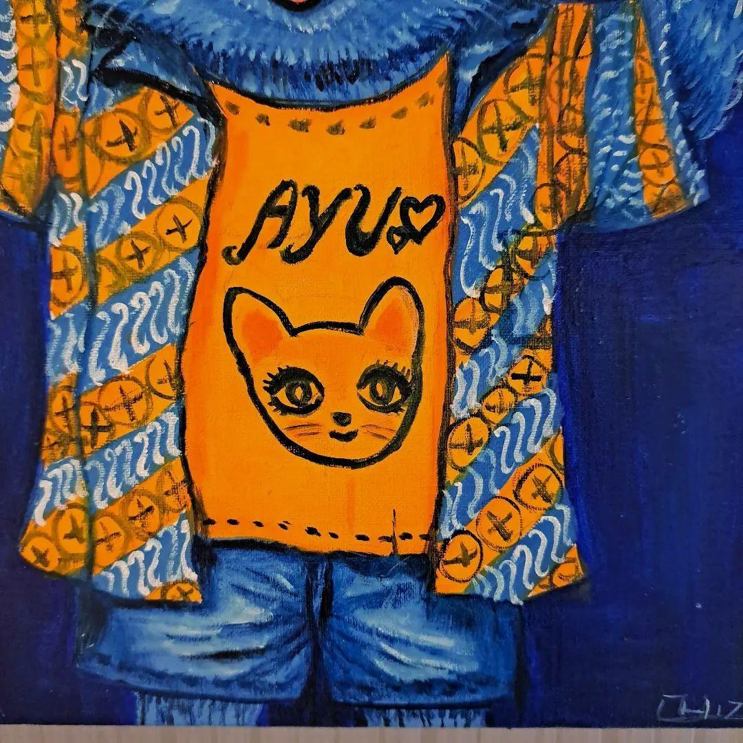 キャンバス油絵　AP♡ AYUちゃんグッズを身に着けた男の子猫