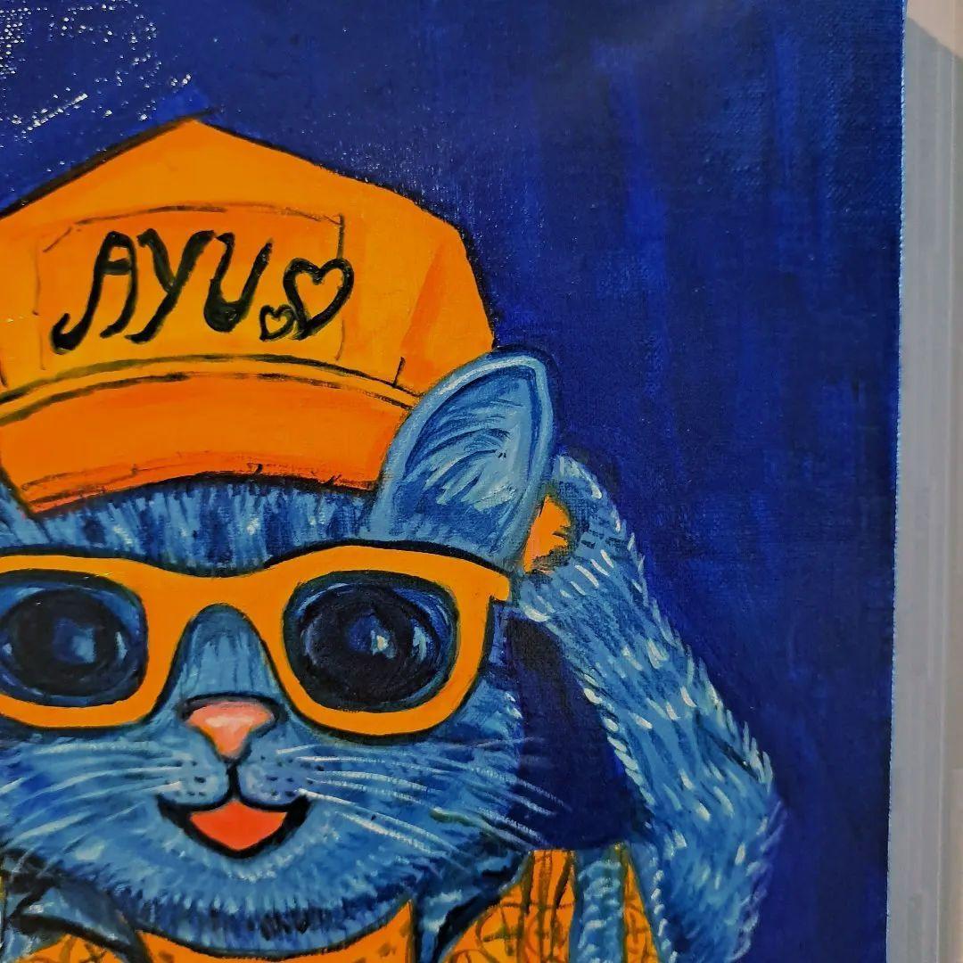 キャンバス油絵　AP♡ AYUちゃんグッズを身に着けた男の子猫