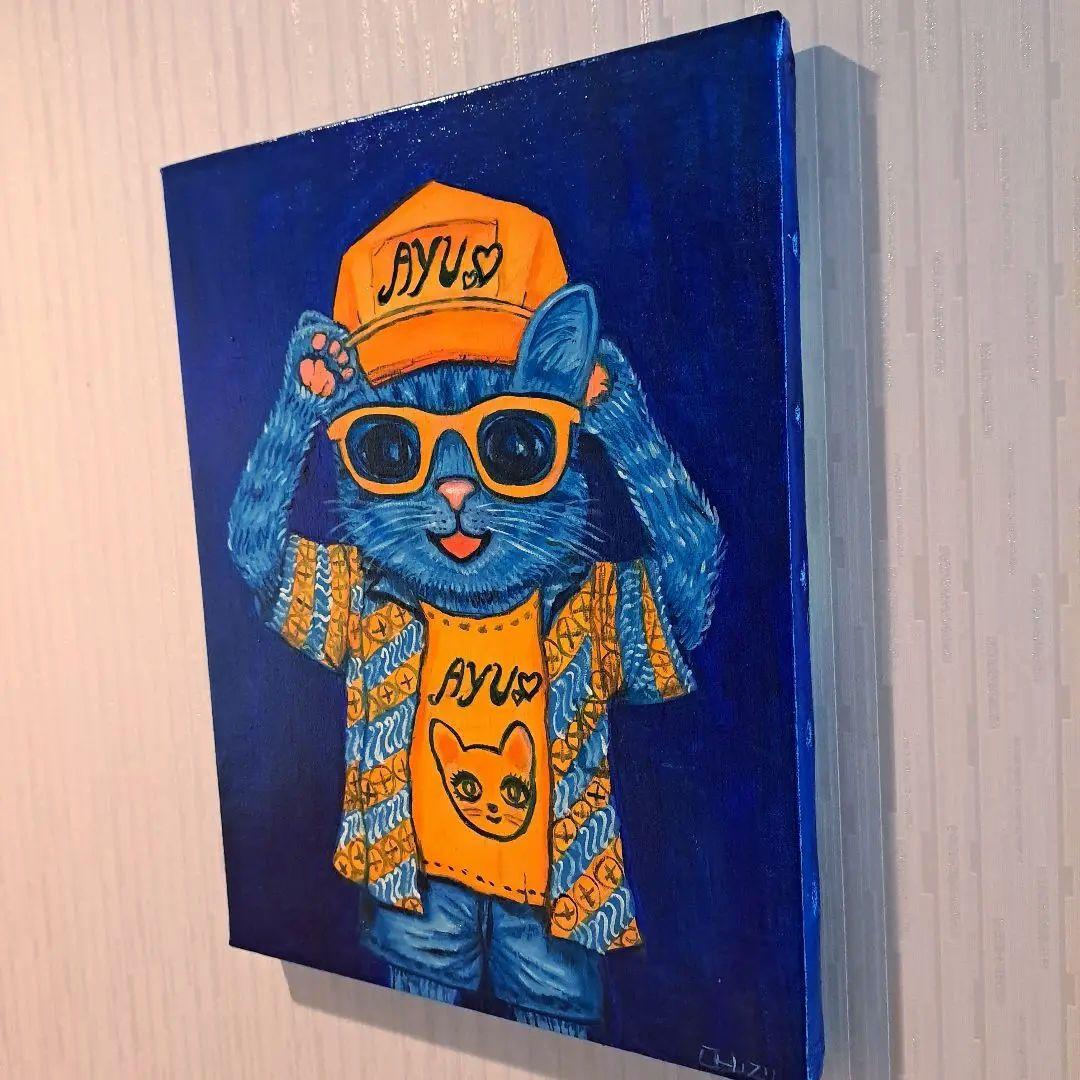 キャンバス油絵　AP♡ AYUちゃんグッズを身に着けた男の子猫