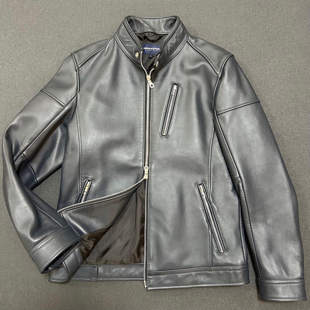 ユニオンステーション　シングルライダースジャケット　ラムレザー　L ネイビー