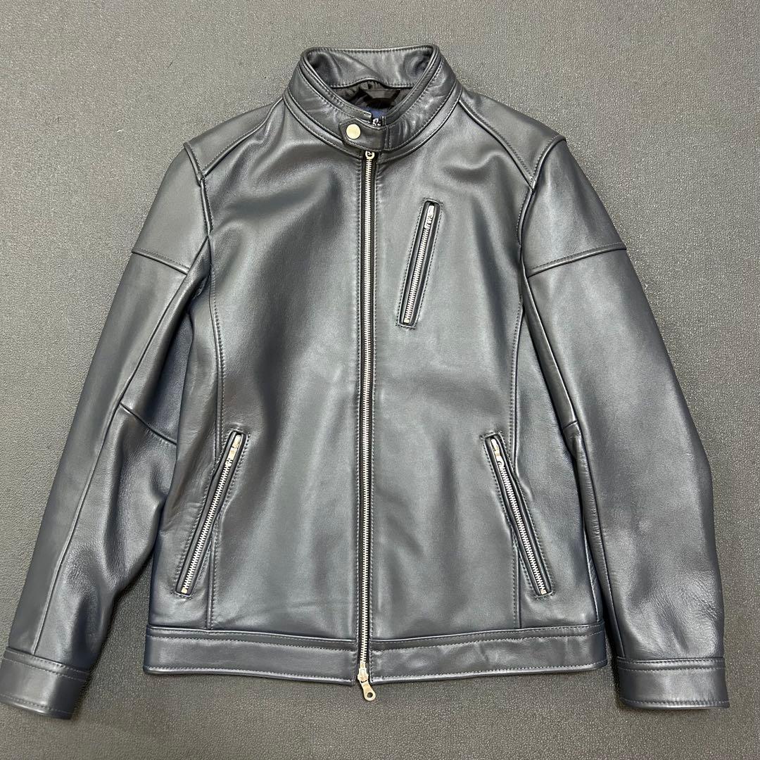 ユニオンステーション　シングルライダースジャケット　ラムレザー　L ネイビー
