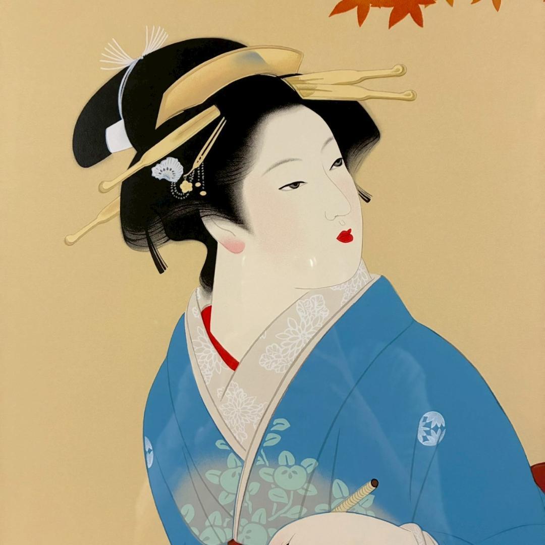 美品 上村松園「しぐれ」シルクスクリーン 京美術院版 証明シール有 額縁入り