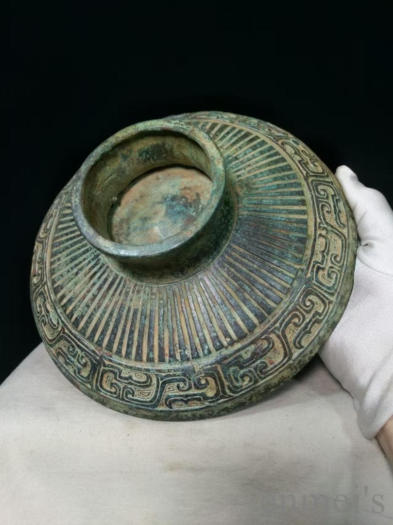 中国古美術 旧蔵 西周款 青銅器皿《銘文簋》純銅製 青銅製 蓋付き器 獣脚付き