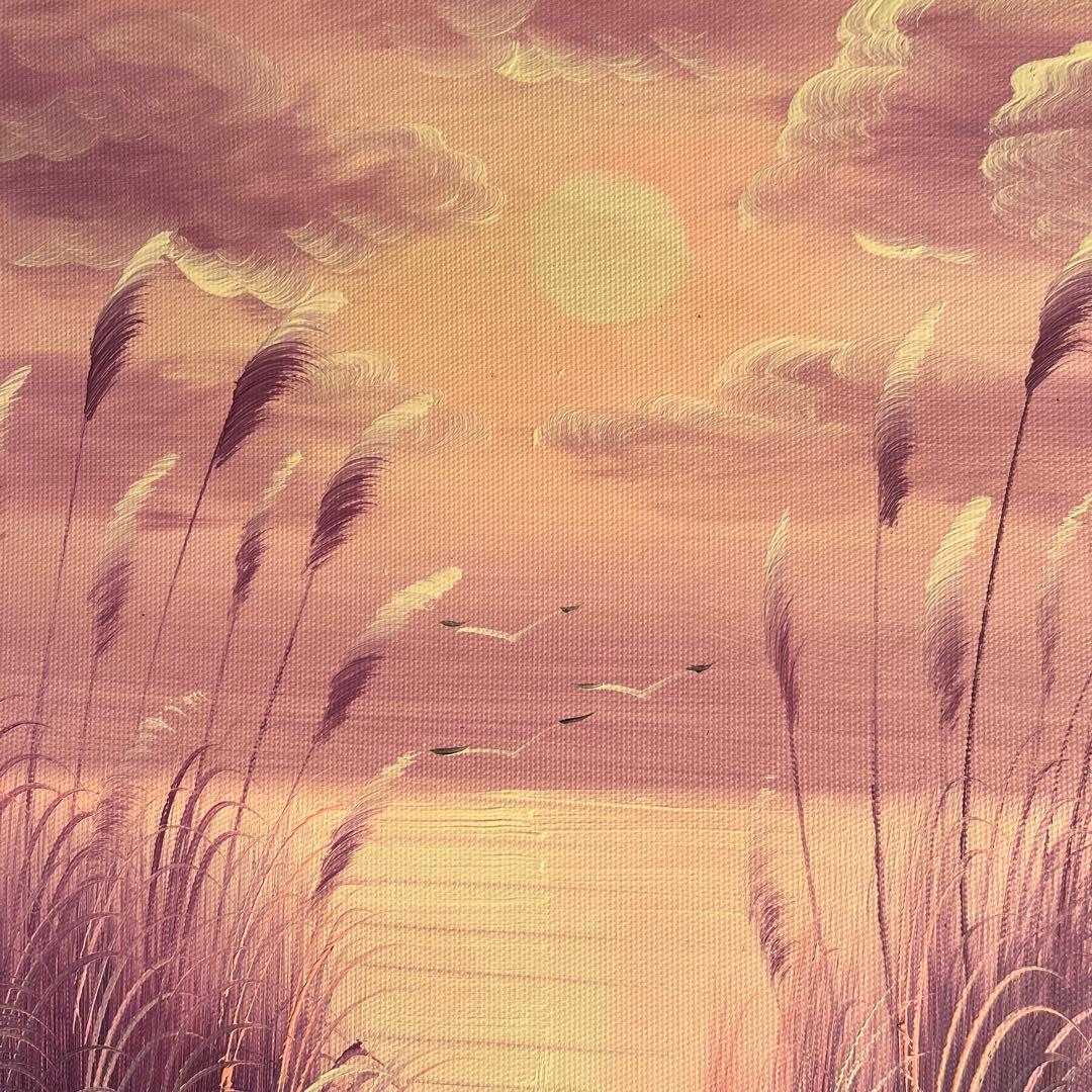 手書き油絵 湖と渡り鳥 額付き 肉筆絵画 インテリア 油彩画