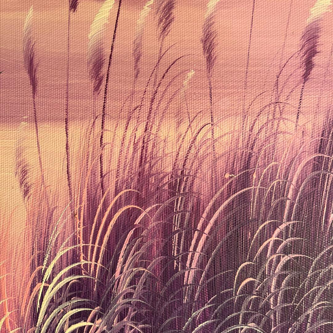 手書き油絵 湖と渡り鳥 額付き 肉筆絵画 インテリア 油彩画