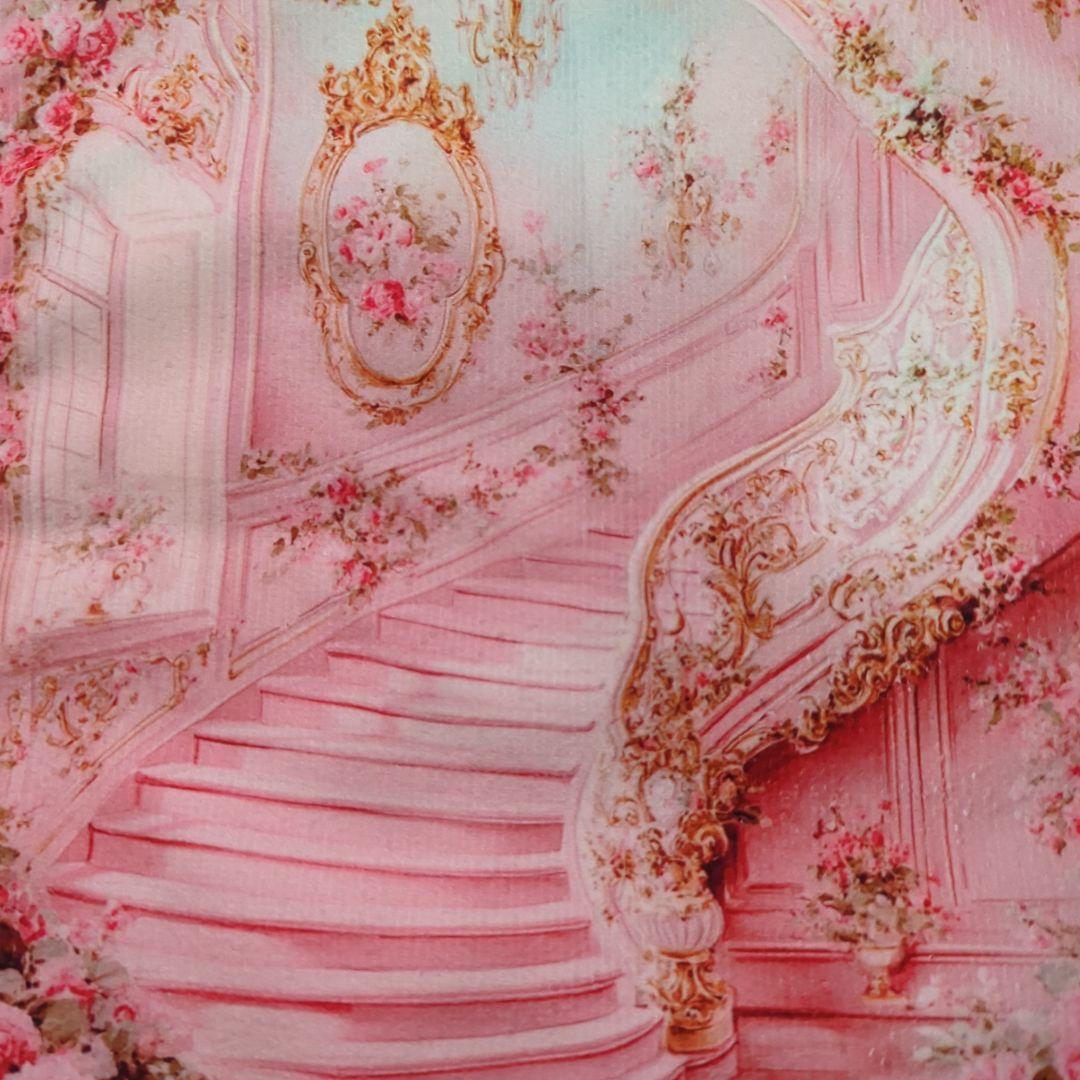 ロココ調　宮殿　ピンクの階段デザインタオルハンカチ