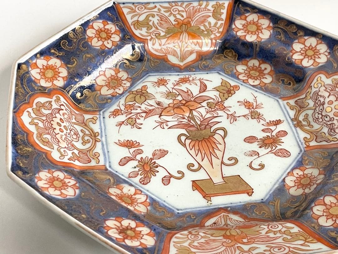 骨董　アンティーク　古伊万里　色絵花瓶獅子図八角皿　輸出伊万里　元禄　輸出手