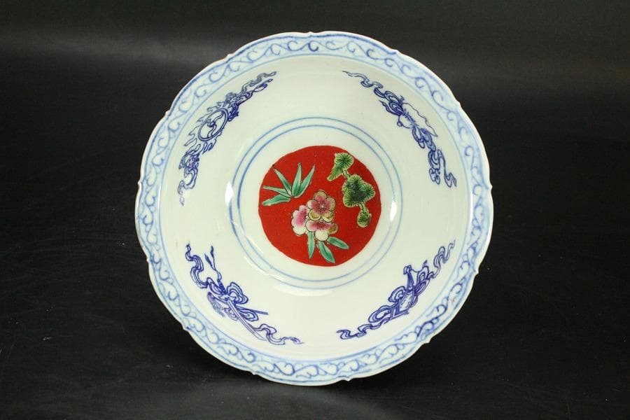 中国美術 珊瑚釉 花蝶紋 瑠璃 遊台 φ15cm 乾隆年製(LC256)