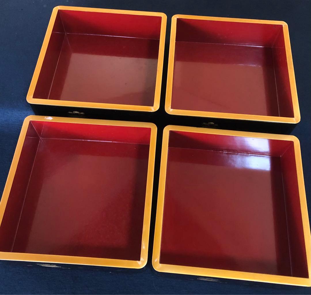 《R》黒内朱 沈金宝尽し 四段重 替蓋 重台付 木箱 251204お3